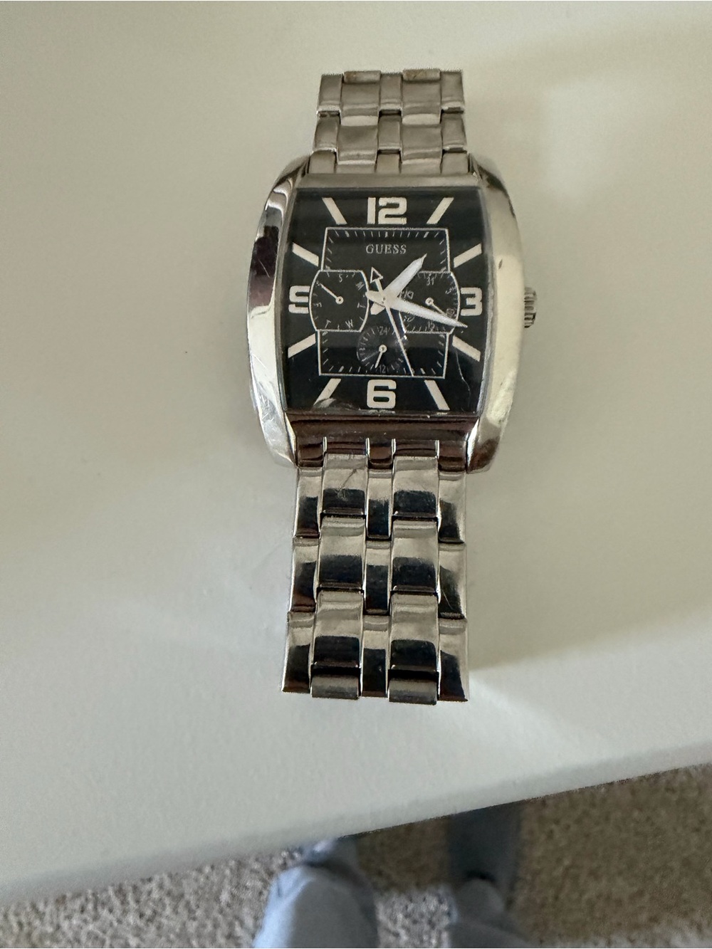 GUESS Silver Tone Watch with Black Dial